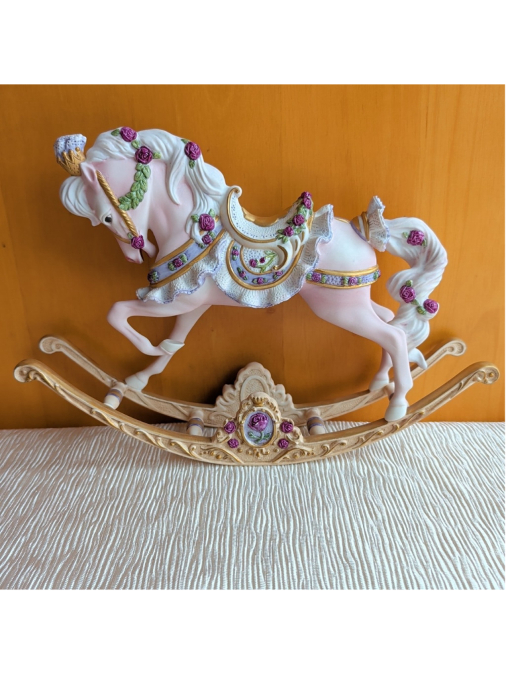 The Franklin Mint Porcelain Rocking Horse Figurine Hand Painted Pink Gold
